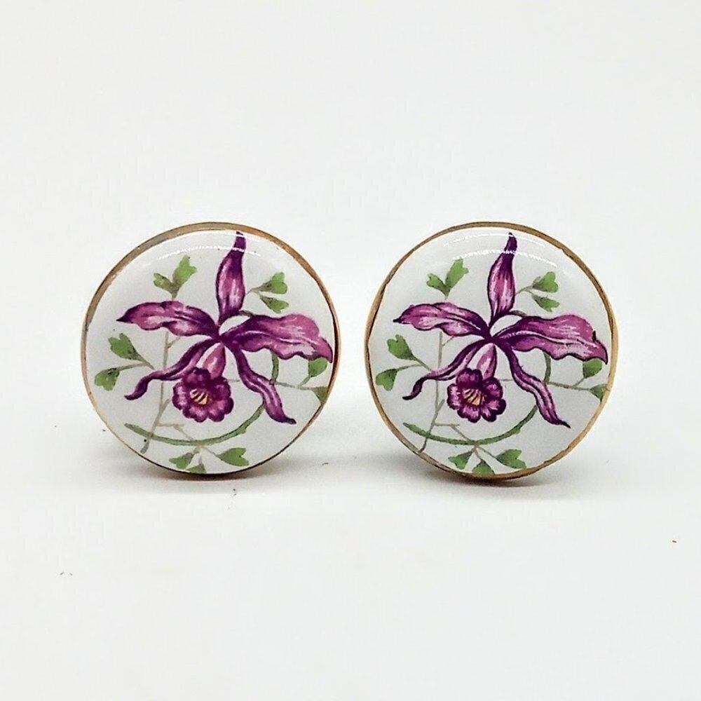 Vintage Austrian Purple Orchid Floral Porcelain Clip-On Earrings
